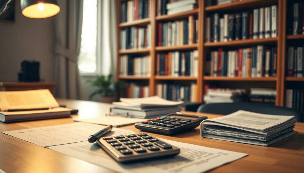 A minimalistic desk scene with a calculator, a pen, and neatly organized financial documents, illuminated by warm overhead lighting and a soft, natural window glow. In the background, a bookshelf filled with accounting and tax-related books, creating a cozy, professional atmosphere. The mood is one of efficiency, organization, and thoughtful consideration of ways to optimize tax-related costs and services.