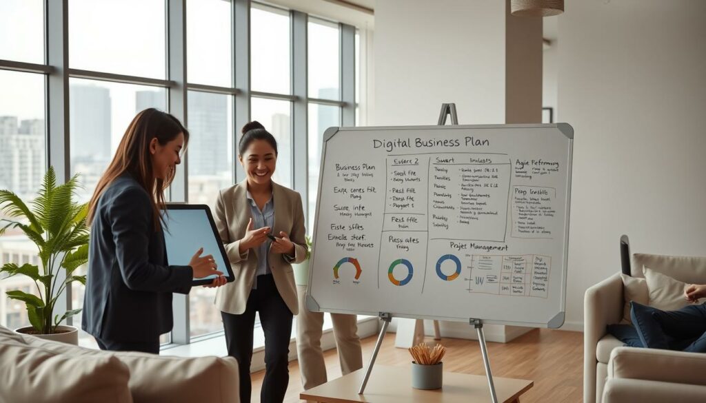 A modern digital office interior with sleek minimalist furniture, large windows allowing natural light, and a professional yet welcoming atmosphere. In the foreground, a team of young business executives in smart casual attire collaborating around a large touchscreen display, gesturing animatedly as they plan and strategize. In the middle ground, a prominent whiteboard displays a digital business plan, key performance indicators, and agile project management notes. The background features a view of an urban skyline, conveying a sense of momentum and progress. Lighting is soft and even, creating a productive yet comfortable mood. The overall composition suggests a thriving, digitally-enabled startup or small-to-medium enterprise.