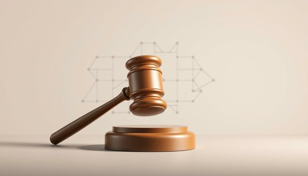 A modern, minimalist illustration depicting the concept of "Vereinsrecht" (association law). The foreground features a clean, geometric representation of a gavel, symbolizing the legal authority and decision-making processes involved in association registration. Behind the gavel, a subtle grid or network pattern represents the complex web of regulations and guidelines that govern the formation and management of associations. The background is a muted, neutral tone, allowing the key elements to take center stage and convey a sense of professionalism and authority. The overall composition is balanced, with careful attention to lighting and perspective to create a visually striking and conceptually relevant image.