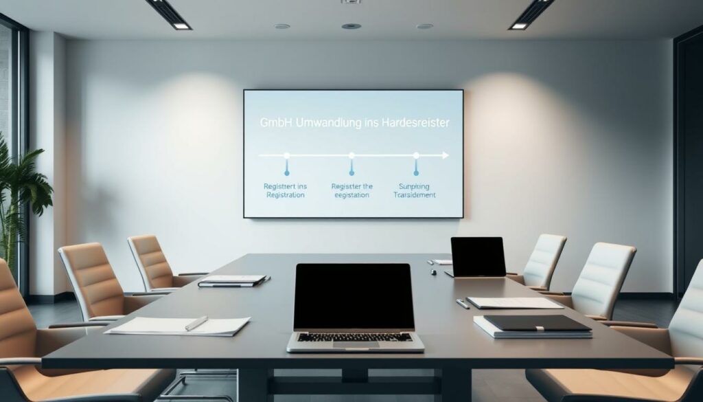 A modern, minimalist office interior with a large conference table in the foreground. Soft, diffused lighting illuminates the room, creating a professional and productive atmosphere. On the table, various documents and a laptop are neatly arranged, hinting at an ongoing business meeting. In the background, a wall-mounted screen displays a digital representation of a company's corporate registration process, with a focus on the "GmbH Umwandlung ins Handelsregister" step. The scene conveys a sense of efficiency, attention to detail, and the importance of properly registering a business transformation.