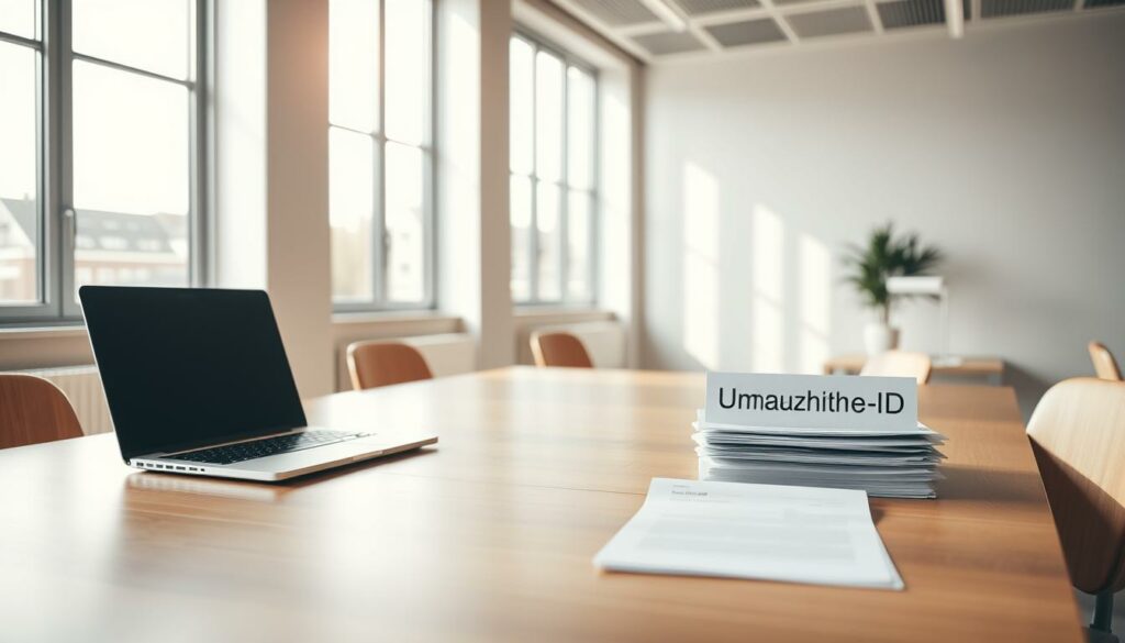 A modern, minimalist office setting with a large wooden desk, a laptop, and a stack of documents. Soft, natural lighting filters in through a row of tall windows, creating a warm, professional atmosphere. On the desk, a small sign displays the text "Umsatzsteuer-ID GmbH Gründung" in a clean, corporate typeface. The room is sparsely decorated, allowing the focus to remain on the key elements related to the establishment of a limited liability company and its tax-related aspects. The overall composition conveys a sense of efficiency, attention to detail, and the importance of legal and financial considerations in the process of founding a business.