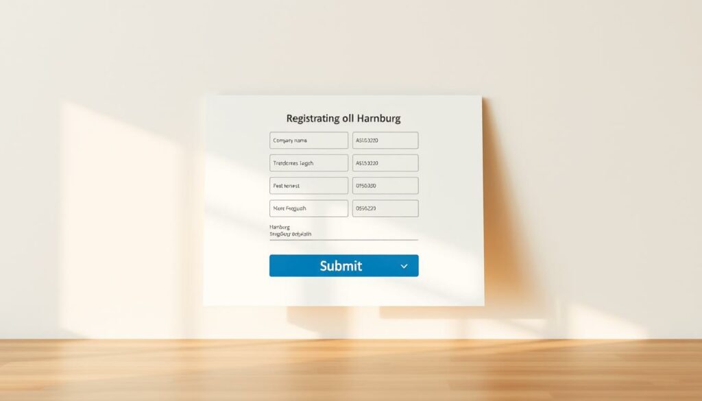 A modern, professional-looking online registration form for a new business, set against a clean, minimalist background. The form features intuitive fields for essential details like company name, address, and contact information. A prominent "Submit" button invites the user to complete the process. The scene is bathed in warm, natural lighting, creating a sense of efficiency and ease. The overall design conveys a streamlined, digital experience for registering a new commercial enterprise in Hamburg.