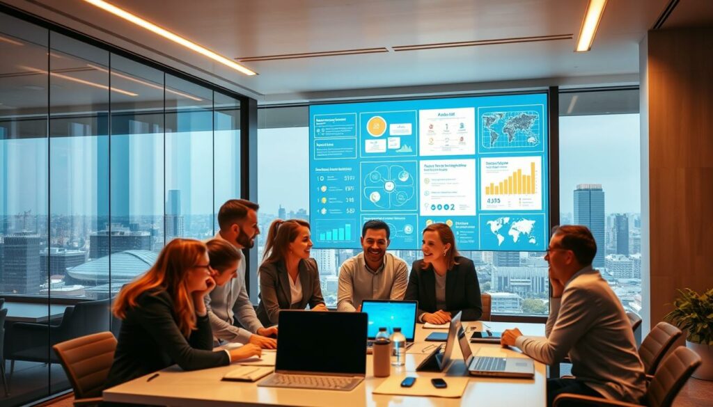 A modern, sleek office interior with a large window overlooking a vibrant cityscape. In the foreground, a team of professionals gathered around a table, engaged in a collaborative discussion, their faces animated with enthusiasm. Arrayed on the table are various digital devices and reports, hinting at the innovative technologies they are leveraging. The lighting is warm and inviting, creating a productive and dynamic atmosphere. The middle ground features an array of informative infographics and data visualizations projected onto a large screen, highlighting the successful implementation of AI-driven solutions. In the background, the city skyline is visible, symbolizing the broader impact and applicability of these KI-Erfolgsgeschichten across different industries.
