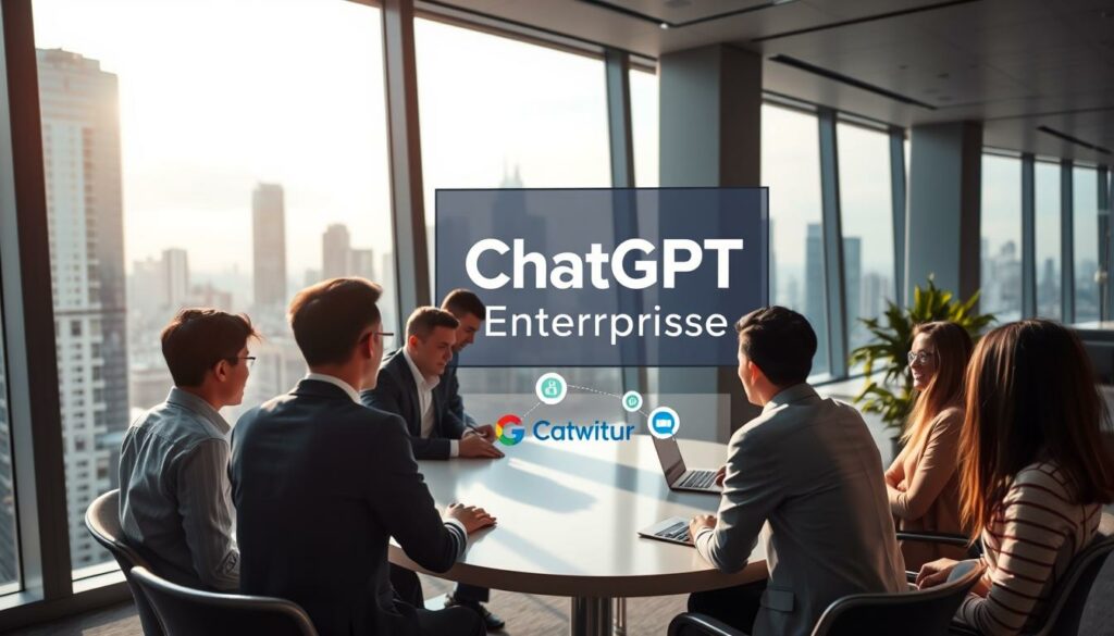 A modern, sleek office interior with large windows overlooking a city skyline. In the foreground, a group of business professionals gathered around a table, engaged in a collaborative discussion. Behind them, a prominent display showcases the ChatGPT Enterprise logo and solutions. Soft, indirect lighting creates a warm, professional atmosphere. The overall scene conveys the power and versatility of ChatGPT's enterprise-level capabilities, seamlessly integrated into the workplace of the future.