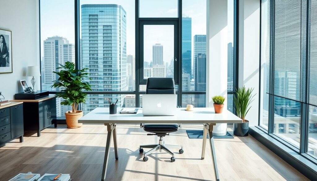A modern, spacious office interior with a professional-looking desk, a comfortable chair, and various business-related items such as a laptop, a pen holder, and a small potted plant. The desk is placed in the middle of the frame, with a large window in the background providing natural light and a view of a cityscape. The overall atmosphere is one of efficiency, organization, and attention to detail, reflecting the expertise and diligence of a tax consultant working with small businesses.