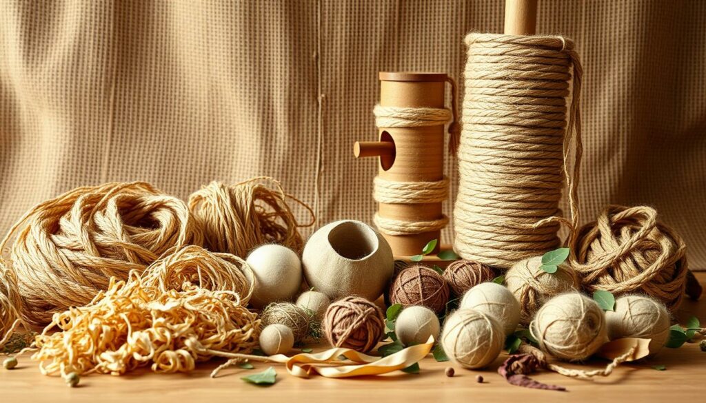 A natural materials still life for cat toys, showcasing an array of earthy, organic elements. In the foreground, a collection of sisal ropes, woven grass mats, and felted wool balls in warm, neutral tones. A scattering of catnip sprigs and dried leaves adds pops of verdant green. In the middle ground, a wooden puzzle feeder and rope-wrapped cardboard scratching post stand upright, ready for feline exploration. The background features a textured, burlap-like backdrop, creating a rustic, homespun ambiance. Soft, diffused natural lighting illuminates the scene, highlighting the tactile, handcrafted quality of the materials. An inviting, nature-inspired tableau to inspire DIY cat toy projects.