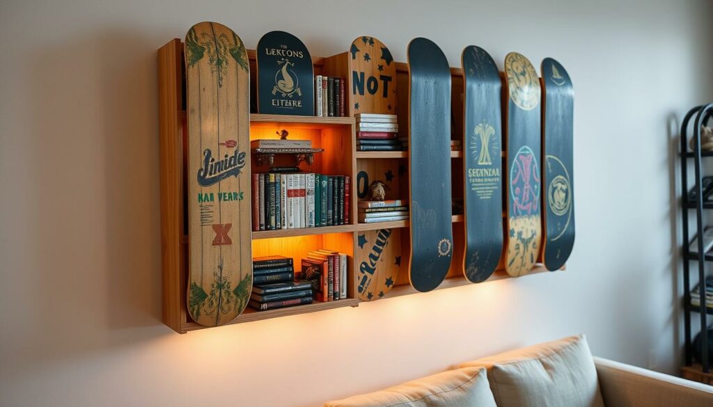 A neatly arranged bookshelf crafted from vertically stacked skateboards, each with its unique graphics and wear patterns. The boards are securely mounted on a sturdy wooden frame, creating distinct compartments for displaying books, knick-knacks, and other small trinkets. Warm-toned lighting from concealed LEDs casts a cozy glow, highlighting the textured surfaces and vibrant colors of the repurposed skateboards. The overall composition emphasizes the DIY aesthetic, with a touch of industrial charm that seamlessly blends into a modern living room setting.