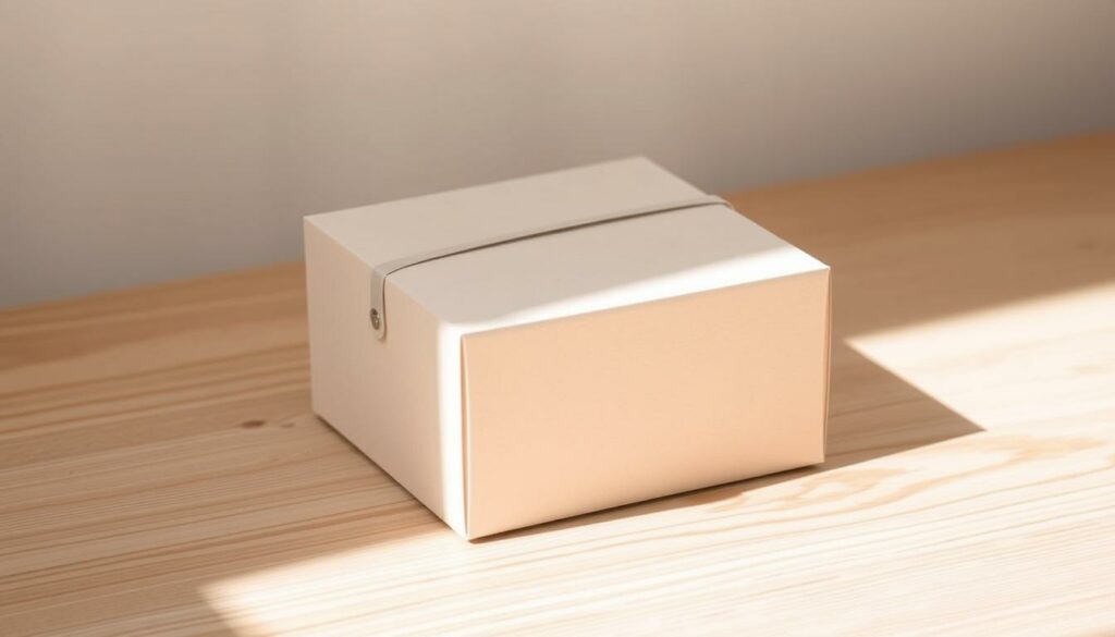 A neatly crafted gift box with a lid, resting on a clean wooden surface. The box has a simple, elegant design, with clean lines and a matte finish. Soft, natural lighting illuminates the scene, casting subtle shadows and highlighting the textural details of the wood and papercraft. The box appears thoughtfully assembled, with precise folds and a satisfying closure mechanism. A sense of calm, handmade craftsmanship pervades the image, inviting the viewer to imagine the care and creativity behind its creation.