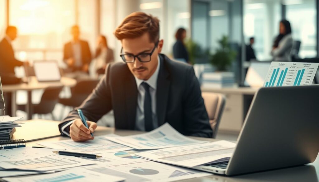 A neatly organized office desk, its surface covered in financial documents, spreadsheets, and a laptop displaying cash flow projections. In the foreground, a business person meticulously reviews the company's liquidity plan, their expression one of focused concentration. Soft, warm lighting casts a contemplative glow, while the background fades into a blurred scene of the bustling office, conveying a sense of thoughtful deliberation amidst the daily operations. The composition emphasizes the importance of proactive financial management and the security it provides for the enterprise.