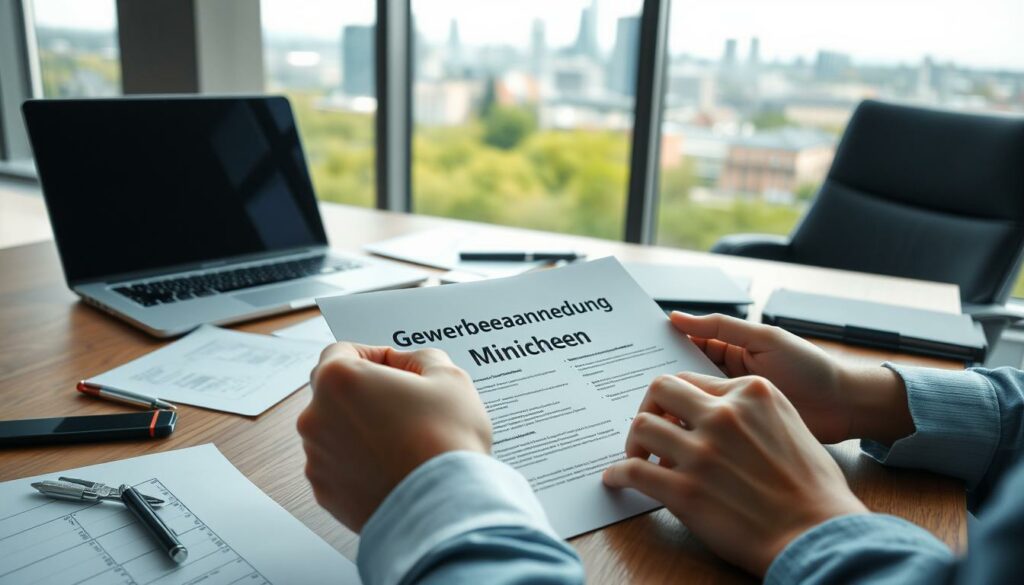 A professional, modern office setting with a wooden desk, a laptop, and various business documents. In the foreground, a person's hands are filling out a form labeled "Gewerbeanmeldung München". In the background, a city skyline is visible through large windows, indicating the location. The lighting is soft and natural, creating a calm and productive atmosphere. The composition emphasizes the importance of the registration process, with the city skyline suggesting the broader context of establishing a business in Munich.