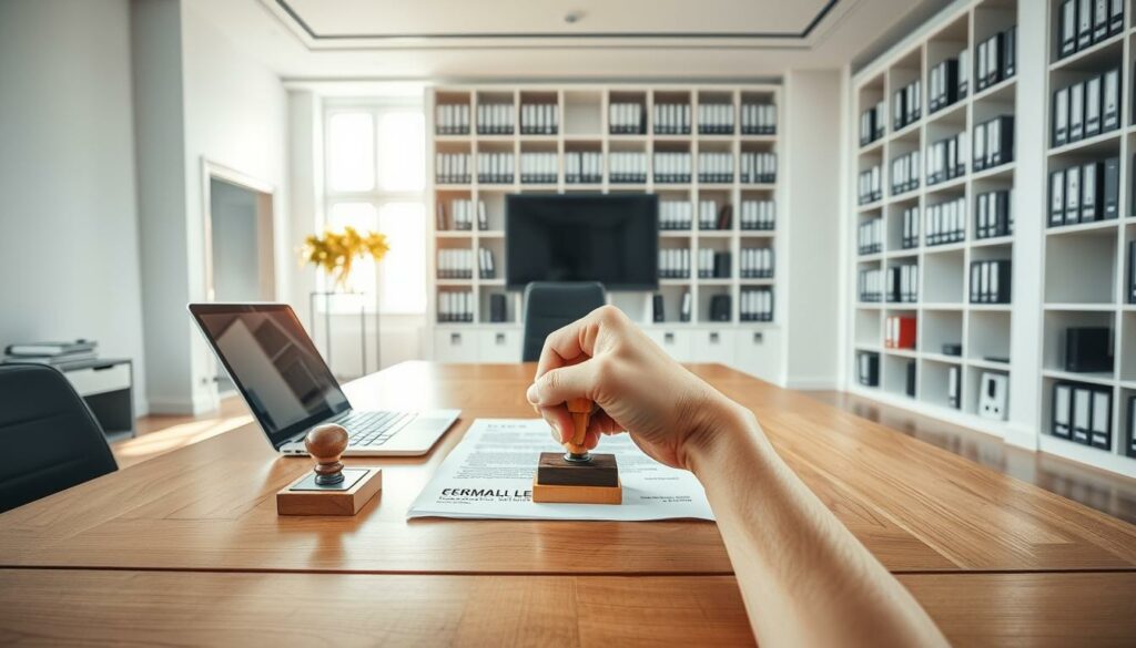 A professional, technically detailed office interior depicting the formal process of a German business registration. Bright, well-lit room with clean, minimalist decor - crisp white walls, polished hardwood floors, and modern furniture. Centered on a large wooden desk with an open laptop, legal documents, and a stamp. In the foreground, a hand firmly pressing the stamp onto an official-looking form. In the background, tall bookshelves line the walls, filled with neatly organized binders and files. Soft, natural lighting from floor-to-ceiling windows casts a warm glow throughout the space, conveying a sense of efficiency and professionalism associated with the German Handelsregister registration.