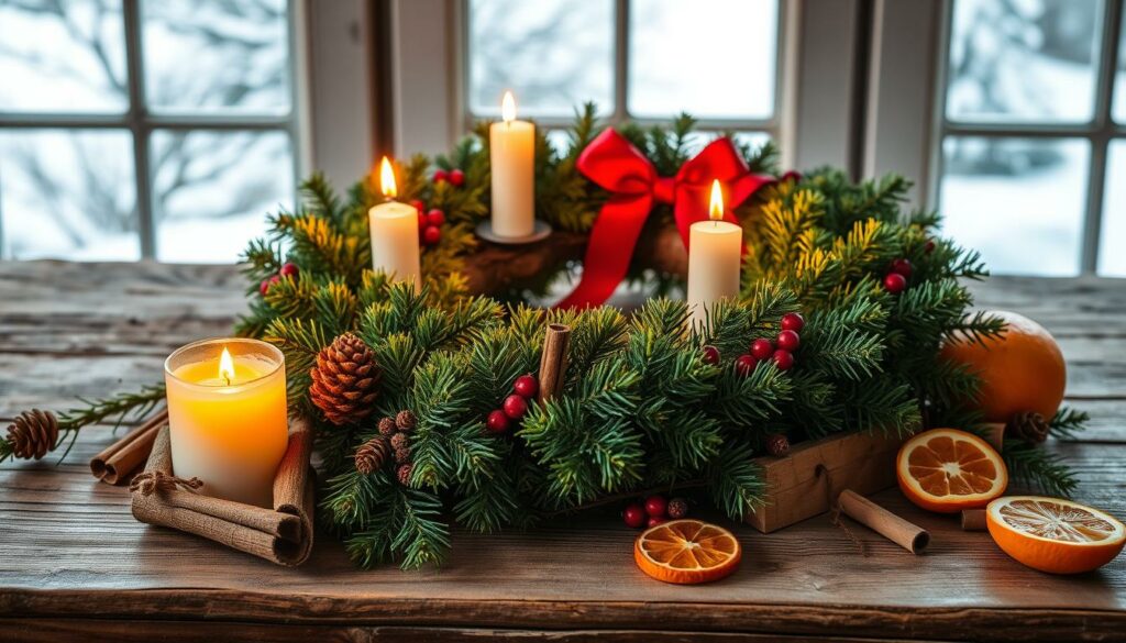 A rustic Advent wreath resting on a weathered wooden table, surrounded by pine branches, cinnamon sticks, and dried orange slices. Warm candlelight flickers, casting a soft, cozy glow across the scene. The wreath's evergreen foliage is lush and vibrant, its red ribbon and berries adding pops of festive color. In the background, a window frames a snowy winter landscape, hinting at the approaching holiday season. The composition is balanced and inviting, evoking a sense of traditional holiday charm and the gentle care required to maintain this cherished seasonal decoration.
