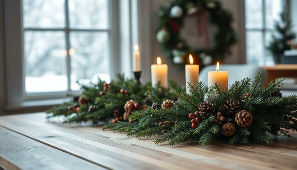 A rustic and elegant long advent arrangement resting on a wooden table. In the foreground, a mix of lush evergreen branches, pinecones, and dried berries are artfully arranged in a linear fashion. The middle ground features a set of warm candlesticks flickering softly, casting a cozy glow. In the background, a window reveals a snowy winter landscape, hinting at the festive season. The lighting is natural and diffused, creating a serene and contemplative atmosphere. The composition is balanced and visually pleasing, embodying the essence of a modern yet traditional "längliches Adventsgesteck".