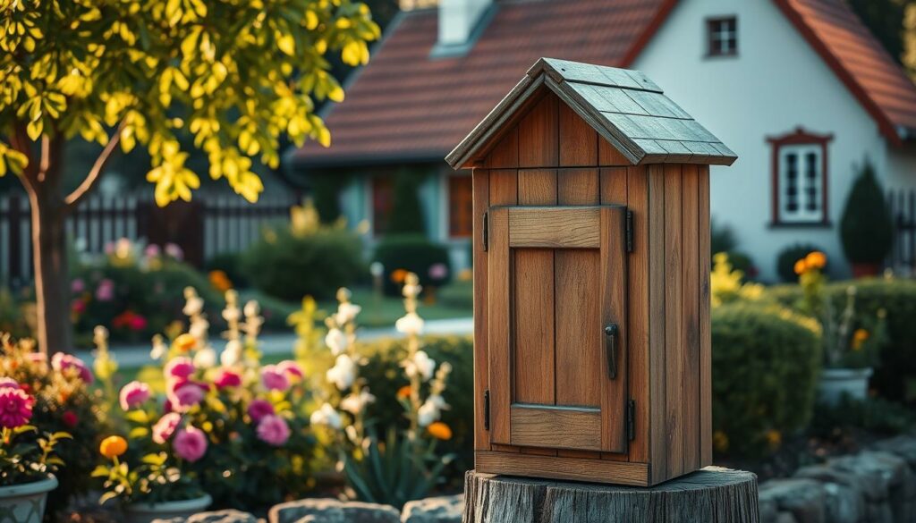 A rustic, handcrafted wooden Briefkasten (mailbox) stands prominently in the foreground, its weathered surface and intricate details evoking a sense of timeless charm. The middle ground features a well-manicured garden, with lush greenery and vibrant flowers framing the mailbox. In the background, a quaint country cottage with a red-tiled roof and white-washed walls completes the idyllic, pastoral scene. Warm, natural lighting filters through the scene, casting a soft, golden glow and enhancing the cozy, inviting atmosphere. The composition is balanced and harmonious, perfectly capturing the essence of "Briefkasten selber bauen – für echte Postromantik" (Building your own mailbox - for true postal romanticism).