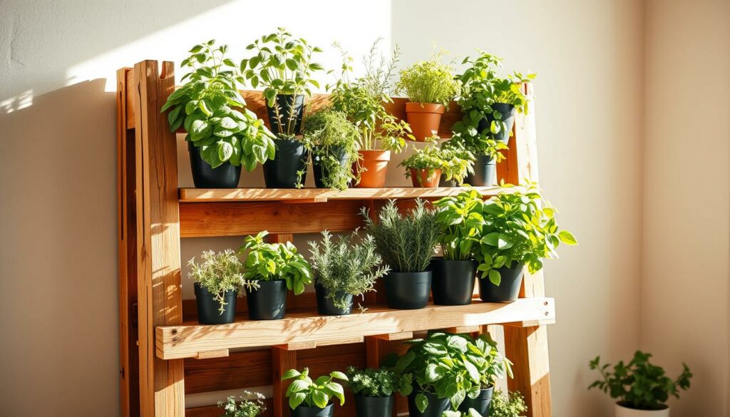 A rustic herb rack constructed from repurposed wooden pallets, standing against a bright, sunlit wall. The pallets are arranged in a staggered, asymmetric pattern, creating multiple tiers to display a variety of thriving potted herbs - fragrant basil, lush rosemary, and vibrant parsley. Warm, natural lighting filters through the scene, casting gentle shadows and highlighting the weathered, textured wood. The overall composition evokes a sense of homey, countryside charm, perfectly suited for a cozy kitchen herb garden.
