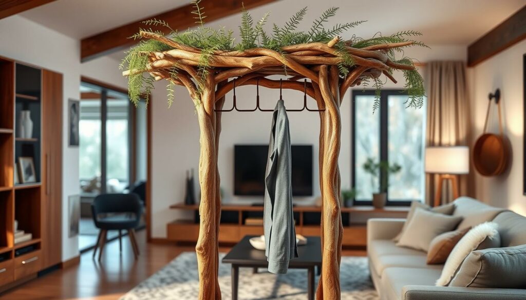 A rustic, nature-inspired coat rack stands proudly in a cozy, well-lit living space. The sturdy frame is crafted from intricately intertwined aspen branches, their smooth, earthy tones complementing the warm, wooden accents of the surrounding decor. Delicate ferns and sprigs of greenery cascade from the top, adding a touch of organic elegance. The focal point of the scene, the Ast-Garderobe blends seamlessly with the modern, minimalist furnishings, creating a harmonious fusion of nature and urban living. Soft, diffused lighting casts a gentle glow, highlighting the intricate textures and organic forms of this practical yet visually striking design piece.