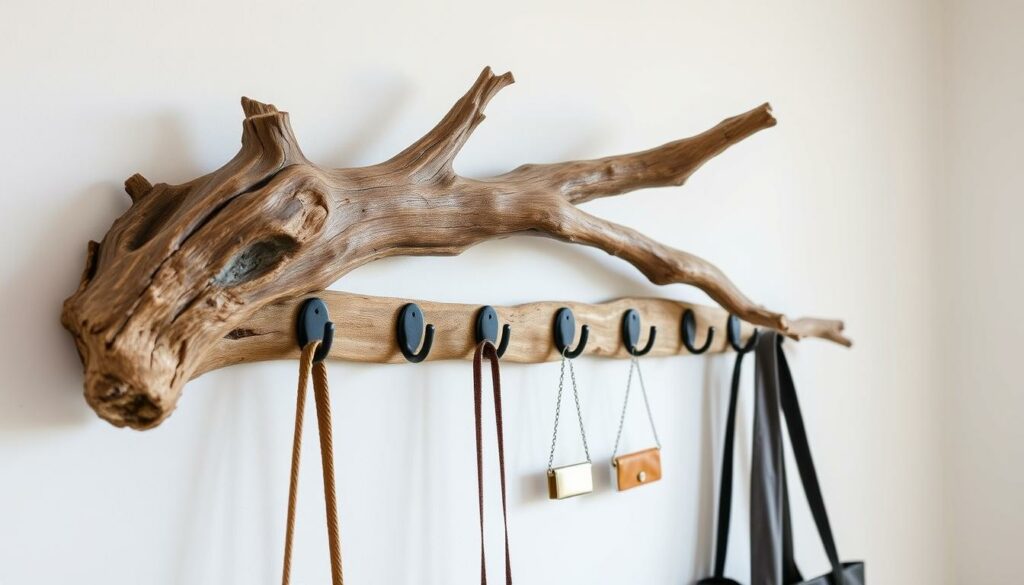A rustic wall-mounted coat rack fashioned from a gnarled, hanging branch. The natural curves and knotty textures of the weathered wood create an organic, modern silhouette against a minimalist white backdrop. Soft, diffused lighting gently illuminates the piece, highlighting its tactile, earthy qualities. Meticulously positioned hooks allow for artful, asymmetrical display of coats, scarves, and bags, blending seamlessly with the raw, sculptural form of the branch. This contemporary take on a traditional coat rack embodies the harmonious fusion of nature and interior design, a striking centerpiece for an entryway or living space.