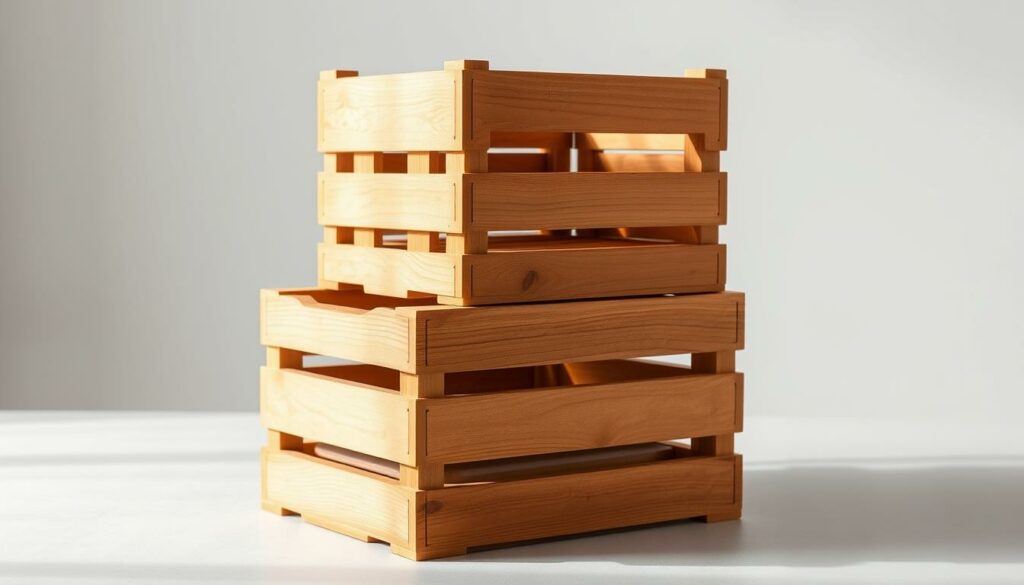 A rustic, wooden DIY recycling system for the kitchen, composed of three sturdy wooden crates arranged in a visually appealing, tiered composition. The crates are stained in a warm, earthy tone, with natural wood grain visible. Gentle studio lighting casts soft shadows, highlighting the texture and craftsmanship. The crates are positioned on a smooth, neutral-colored surface, allowing the simplistic, eco-friendly design to take center stage. An organized, modular setup perfect for sorting and collecting different waste streams in a stylish, space-saving manner.