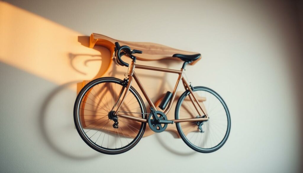 A rustic wooden bicycle wall mount, crafted with care. The foreground features a meticulously designed wooden structure, with smooth surfaces and graceful curves that gently embrace the bicycle frame. The middle ground showcases the bicycle itself, positioned elegantly against a backdrop of natural wood grain and subtle shadows. The background is a softly-lit, minimalist setting, allowing the craftsmanship of the mount to take center stage. Warm, natural lighting casts a cozy, inviting glow, perfectly complementing the earthy tones of the wood. The overall composition conveys a sense of simplicity, functionality, and artisanal charm, making it an ideal solution for displaying bicycles in a stylish, DIY manner.