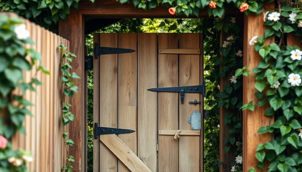 A rustic wooden garden gate, its weathered planks and hardware artfully integrated into a well-crafted wood fence. The gate hangs in a sturdy frame, its hinges and latch gleaming in the soft, natural light. Lush greenery frames the scene, with climbing vines and flowering plants cascading over the fence, creating a charming, inviting entryway. The perspective is slightly angled, giving a sense of depth and dimension to the composition. The overall mood is one of peaceful, natural beauty, perfectly encapsulating the essence of an artfully designed and constructed wooden garden gate.