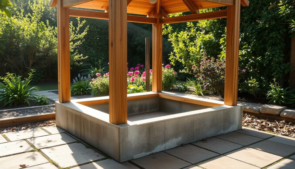 A rustic, wooden garden shower base standing firmly on a well-constructed concrete foundation. The sturdy frame is made of weathered, natural-toned timber, blending seamlessly with the lush, verdant surroundings. Sunlight filters through the overhead canopy, casting a warm, inviting glow and creating a serene, spa-like atmosphere. The ground is covered in smooth, neatly-laid paving stones, ensuring a stable, level surface for the shower. In the background, a verdant garden with vibrant flowers and shrubs adds to the tranquil, rejuvenating ambiance. The entire scene exudes a sense of relaxation and simplicity, perfectly capturing the essence of a homemade, backyard oasis.