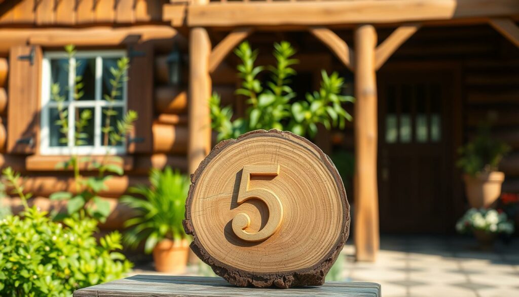 A rustic wooden house with a charming house number display in the foreground. The number is carved from a natural wood slab, with a warm, weathered finish. Subtle lighting casts soft shadows, highlighting the textural details. The middle ground features lush greenery, like potted plants or a small garden, complementing the earthy tones. In the background, a cozy, inviting porch or entryway, perhaps with subtle architectural elements, creates a welcoming atmosphere. The overall scene conveys a sense of creativity, individuality, and a harmonious blend of natural and handcrafted elements.
