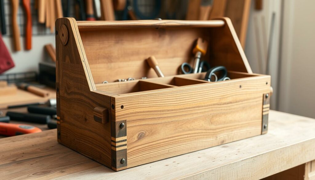 A rustic wooden toolbox, its weathered surface gleaming in the soft, natural light. The front features a hinged lid, revealing an organized array of compartments and slots to hold an assortment of tools. Crafted from sturdy oak planks, the toolbox has a handmade charm, with visible grain and a slightly distressed finish. Positioned on a workbench or table, the toolbox is the centerpiece of a well-equipped DIY workshop, ready to assist the industrious hobbyist in their various projects. The scene conveys a sense of functionality, creativity, and the satisfaction of creating something with one's own hands.