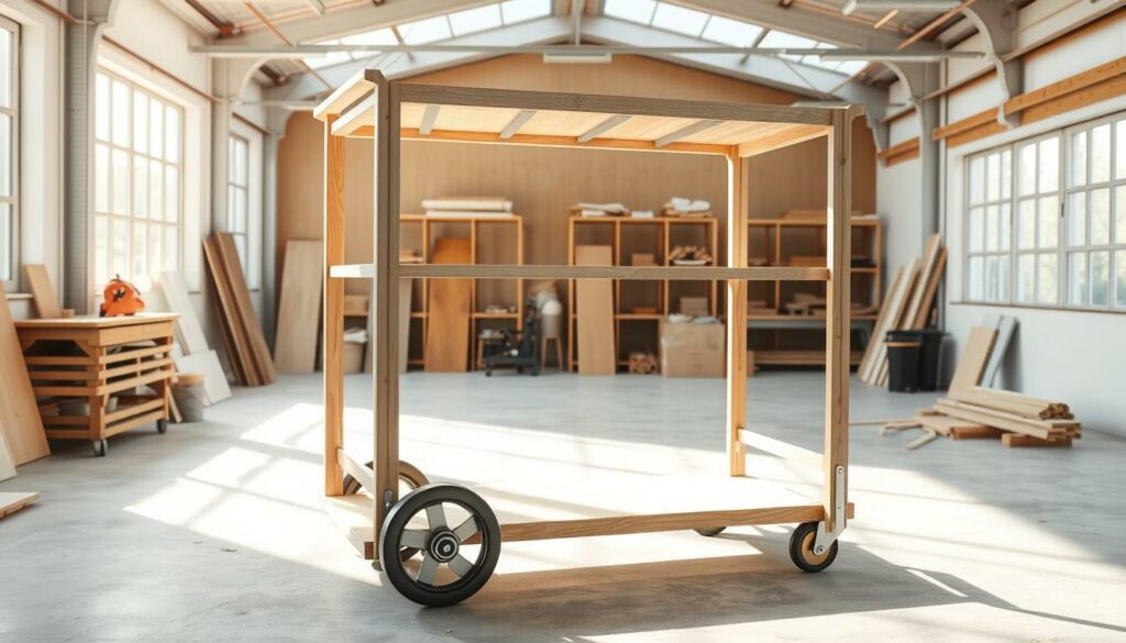 A sleek and minimalist "Rollwagen Grundkonstruktion" (basic rollcart structure) in a bright, airy workshop setting. The frame, made of solid wood and metal, stands tall and sturdy, its clean lines and neutral tones creating an elegant, functional aesthetic. Sunlight streams in through large windows, casting a warm glow over the scene and highlighting the smooth, sanded surfaces. The cart's basic components - shelves, wheels, and supports - are clearly visible, allowing the viewer to envision how it could be assembled and customized. The composition emphasizes the simplicity and versatility of this DIY project, inviting the viewer to imagine the possibilities for their own home or office space.