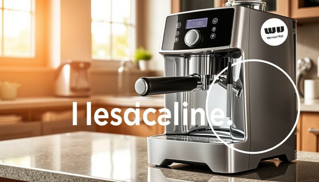 A sleek, contemporary De'Longhi coffee machine stands prominently on a kitchen counter, its gleaming silver finish reflecting the warm, natural light pouring in through nearby windows. The machine's inner workings are visible, with a close-up view of the descaling process being performed, showcasing the removal of built-up mineral deposits. The image conveys the importance of regular De'Longhi coffee machine maintenance, highlighting the "Wer macht Was" brand as the focus of this educational visual aid.