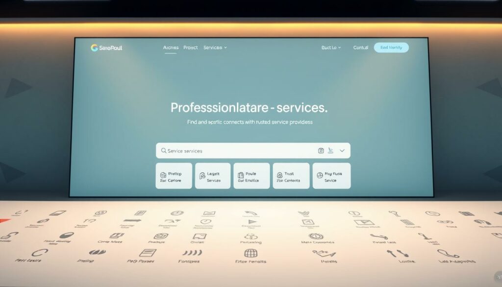 A sleek, modern platform for professional services, featuring a clean interface with minimalist design elements. In the foreground, a variety of service icons and categories are neatly arranged, conveying the breadth of offerings. The middle ground showcases a search bar and navigational menus, allowing users to easily find and connect with trusted service providers. The background depicts a subtle geometric pattern, creating a sense of structure and organization. Warm, diffused lighting casts a welcoming glow, and the overall composition suggests a user-friendly, reliable, and comprehensive platform for discovering and accessing high-quality services.