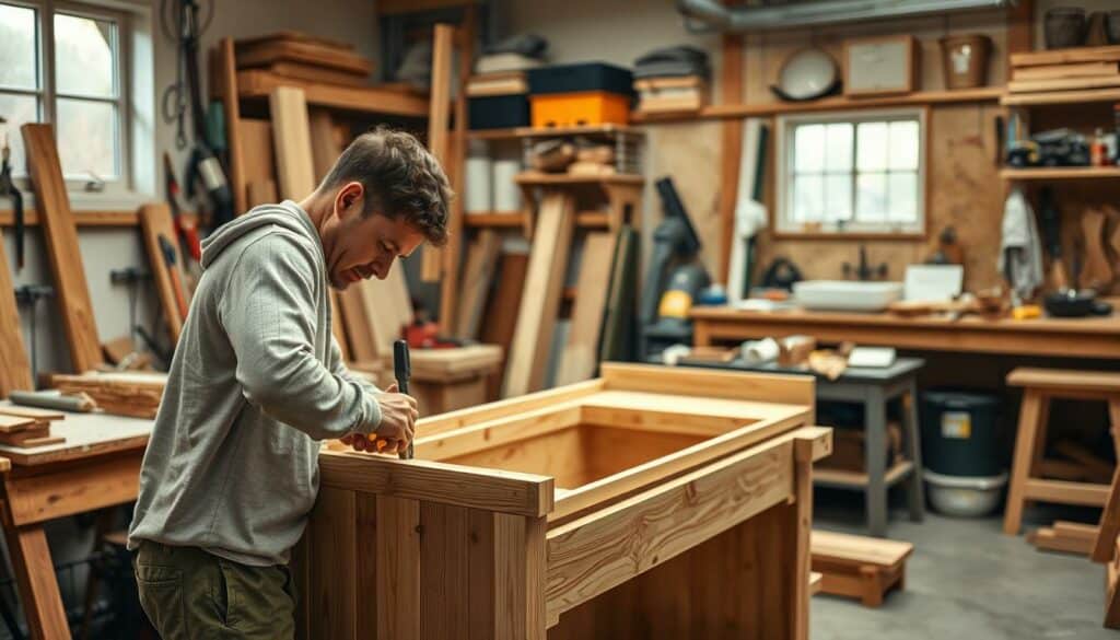 A step-by-step construction of a custom bathroom vanity in a realistic, high-resolution 4K photographic style. The foreground shows a skilled craftsperson carefully assembling the wooden components, using hand tools with precision. The middle ground reveals the partially completed vanity, showcasing the clean lines and attention to detail. The background offers a cozy, well-lit workshop environment, with various tools and materials neatly organized, conveying a sense of focus and craftsmanship. The overall mood is one of concentration, dedication, and the satisfaction of creating a unique, space-saving piece of furniture.