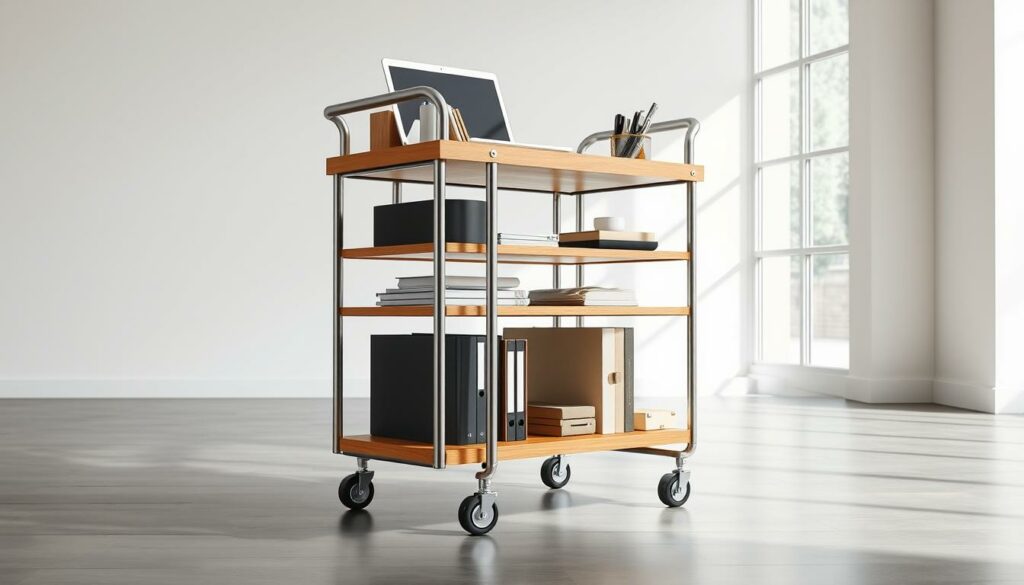 A stylish and functional office rolling cart, crafted with clean lines and modern materials. Captured in a bright, airy studio setting with soft, diffused natural lighting filtering in from large windows. The cart features sleek metal frames, smooth wooden shelves, and minimalist design accents. It stands ready to hold an array of office supplies, documents, and devices, providing organized storage and mobility. The scene conveys a sense of streamlined efficiency and professional elegance, reflecting the versatility of this practical DIY furniture piece.