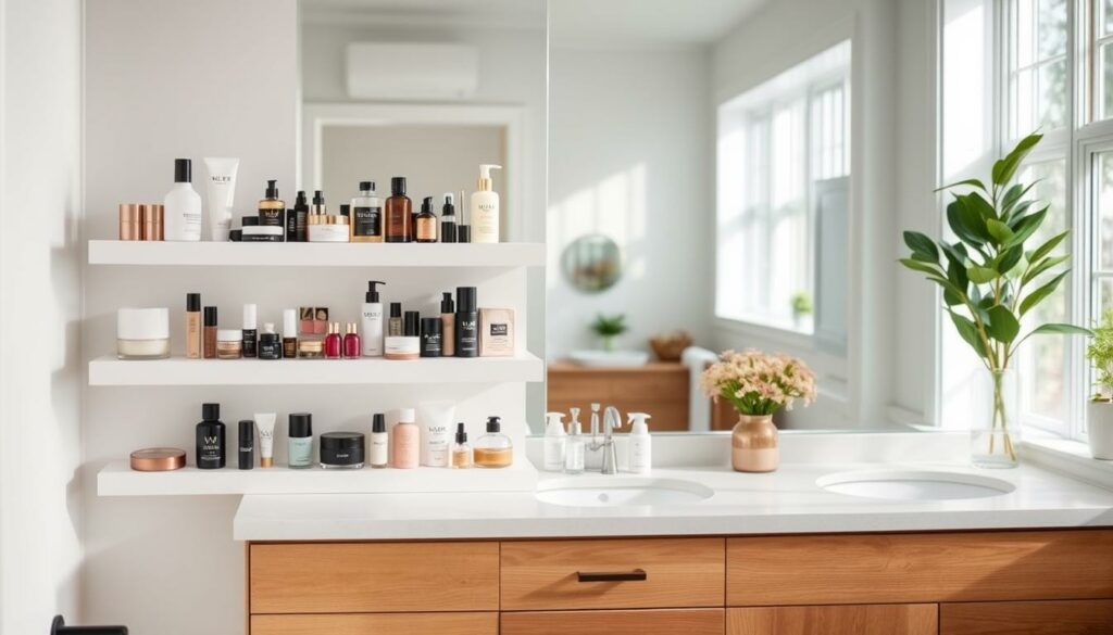 A stylish and practical DIY cosmetic storage solution for a tidy bathroom. In the foreground, a set of pristine white floating shelves holds an assortment of neatly organized makeup and skincare products, their colors and textures adding visual interest. The middle ground features a wooden vanity with clean lines and minimalist hardware, providing ample storage space below. The background showcases a bright, airy bathroom with natural light filtering in through large windows, creating a serene and spa-like atmosphere. The overall scene exudes a sense of order, calm, and refined personal style.