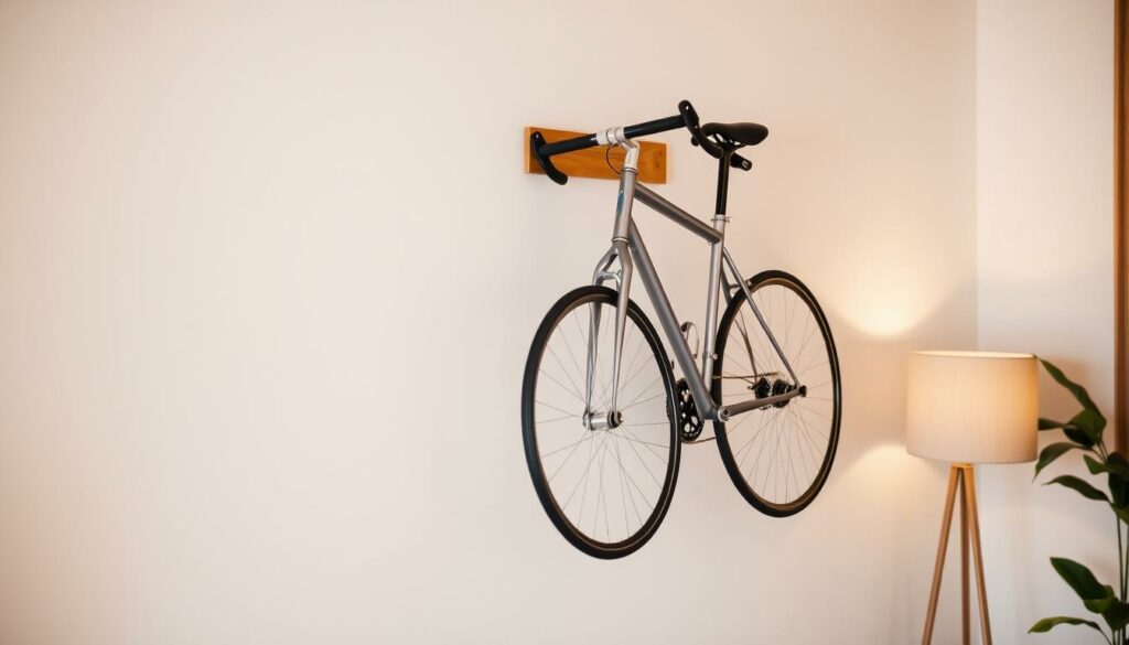 A stylish wall-mounted bicycle rack, minimalist in design, showcasing a single bicycle in a well-lit, modern interior. The rack features clean lines and a sleek metal or wood construction, blending seamlessly with the surrounding decor. The bicycle is positioned at a slight angle, highlighting its form and creating a visually appealing composition. Soft, warm lighting casts subtle shadows, adding depth and dimension to the scene. The background is a neutral, inviting palette, allowing the bicycle and its display to take center stage. The overall atmosphere evokes a sense of practicality and design-conscious living, capturing the essence of the "Fahrradhalterung" as a functional yet fashionable home accessory.