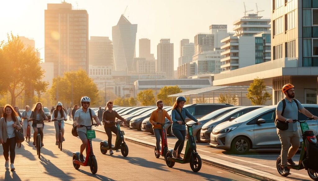 A sunny, bustling urban street scene. In the foreground, a group of people walking, cycling, and commuting via electric scooters and shared vehicles. A variety of energy-efficient and environmentally-friendly modes of transportation. In the middle ground, a cluster of modern, low-emission cars parked along the curb. In the background, a skyline of sleek, sustainable buildings, with solar panels visible on the rooftops. Warm, soft lighting bathes the scene, creating a sense of efficiency, progress, and possibility. The overall atmosphere conveys the idea of reducing mobility costs through smart, eco-friendly choices.