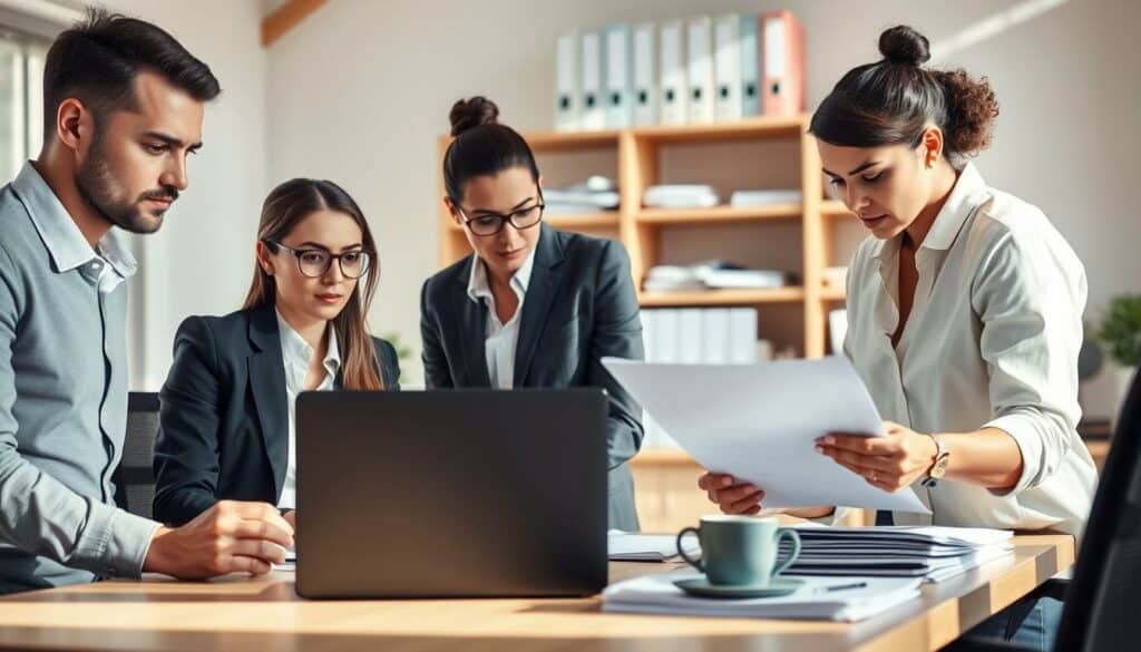A sunny, well-lit office setting with a group of professionals evaluating documents and data on their desks. In the foreground, three people in business attire are engaged in a focused discussion, their expressions serious yet attentive. In the middle ground, a desk with a laptop, files, and a cup of coffee, conveying a sense of diligent work. The background features shelves filled with binders and other office supplies, suggesting an organized, professional environment. The overall mood is one of thoughtful deliberation and a commitment to thorough, reliable service.