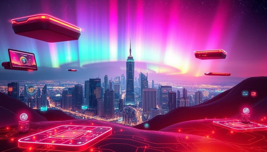 A vibrant, futuristic landscape depicting the digital technologies that will shape the Mittelstand's path forward. In the foreground, sleek, hovering devices and translucent holographic interfaces showcase the seamless integration of advanced software and hardware. The middle ground features a bustling city skyline, its skyscrapers adorned with glowing, interconnected displays. In the background, a vibrant aurora paints the sky, hinting at the limitless possibilities of the digital frontier. Warm lighting casts a dreamlike glow, inviting the viewer to imagine the Mittelstand's prosperous, tech-enabled future.