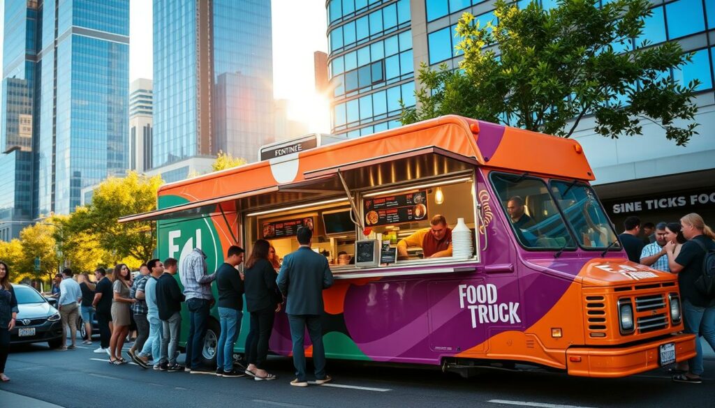 A vibrant, modern food truck parked on a bustling city street, its sleek exterior gleaming under warm afternoon sunlight. The truck's design features bold, minimalist graphics and a striking color scheme that catches the eye. Customers line up eagerly, drawn by the enticing aromas of freshly prepared gourmet dishes wafting from the open service window. In the background, a cityscape of glass skyscrapers and tree-lined avenues sets the scene. The atmosphere is lively and inviting, capturing the energy and creativity of the local food scene.