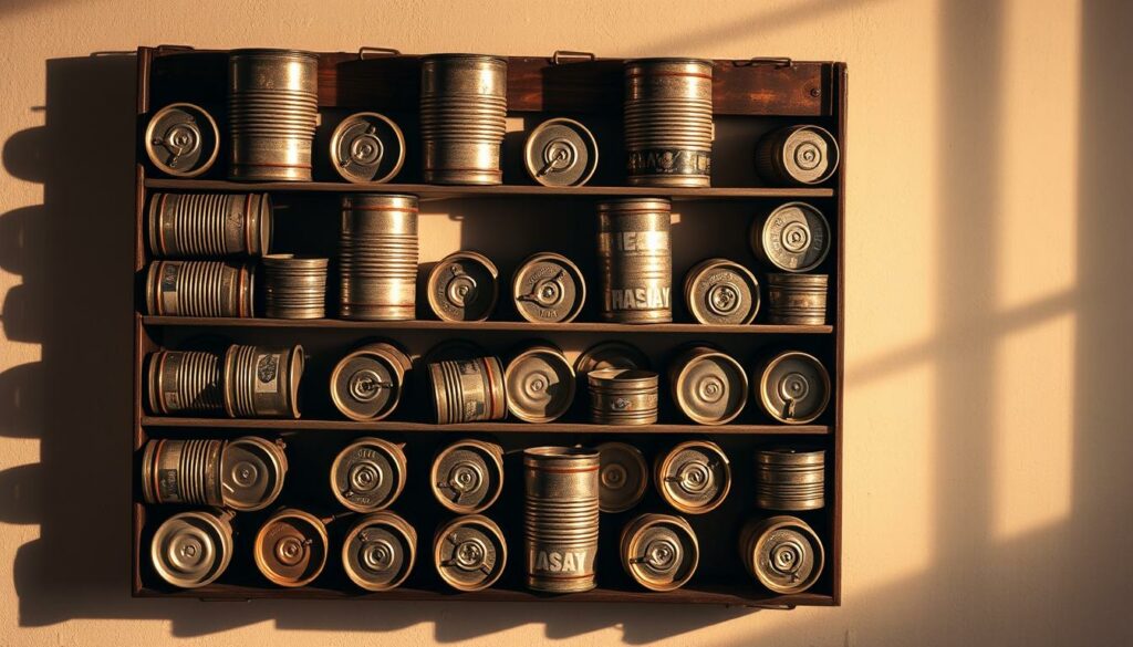 A vintage-inspired spice rack constructed from repurposed tin cans, featuring a rustic, industrial aesthetic. The cans are arranged in a visually striking, asymmetrical pattern, casting intriguing shadows on the wall behind. Warm, directional lighting illuminates the weathered metal surfaces, highlighting the unique textures and imperfections. The overall composition evokes a sense of creativity, sustainability, and a touch of nostalgia, perfectly capturing the essence of the "Kreative Gestaltungsideen für dein Dosen-Gewürzregal" theme.