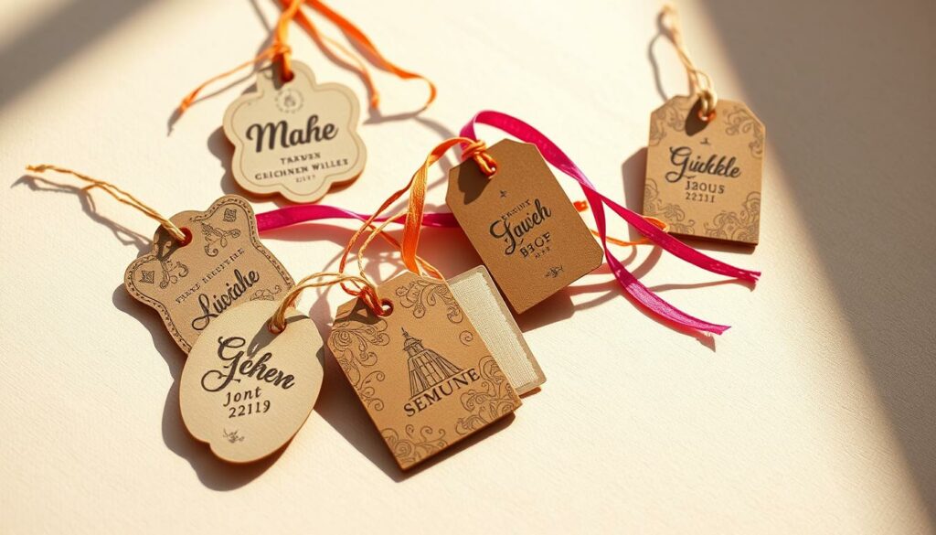 A visually captivating image of personalized gift tags, or "Geschenkanhänger", against a soft, pastel background. In the foreground, various shaped tags in natural materials like cardboard, wood, or fabric, adorned with intricate patterns, bold typographic elements, and minimalist illustrations that convey a sense of handmade charm. The tags are arranged in a dynamic, asymmetrical composition, casting delicate shadows that add depth and dimension. In the middle ground, a selection of vibrant, textured ribbons and strings in complementary hues intertwine, creating a sense of movement and tactility. The background is a soothing, soft-focus surface, perhaps a linen or paper material, that allows the personalized tags to take center stage and exude a warm, artisanal aesthetic. Warm, natural lighting casts a gentle glow, accentuating the organic textures and lending an inviting, cozy atmosphere to the scene.