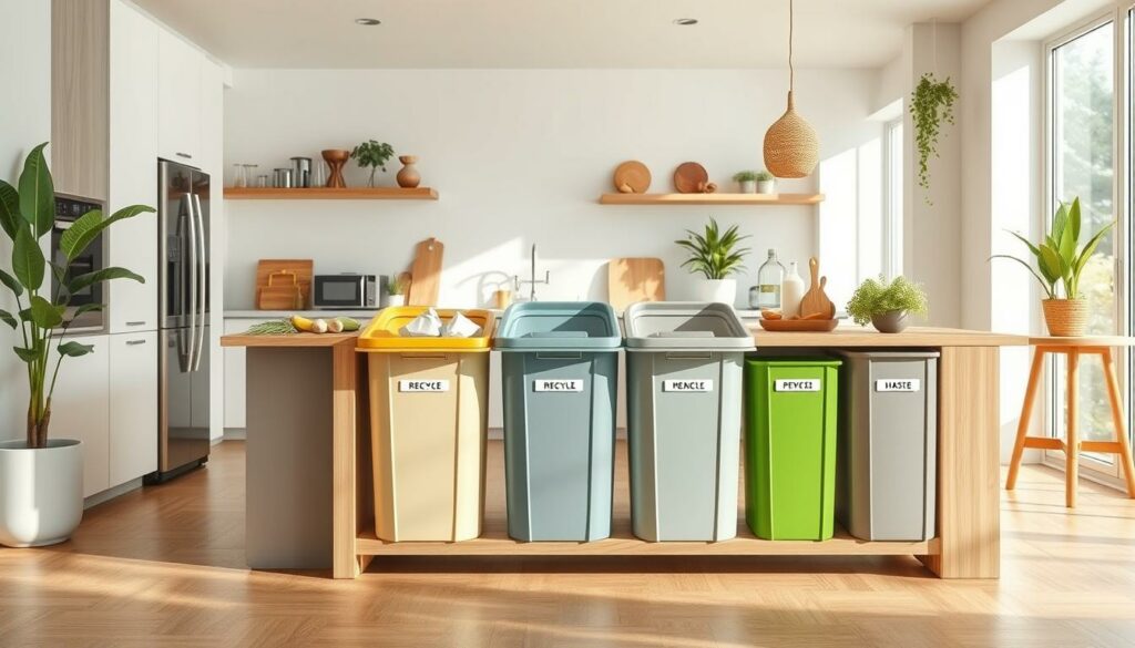 A visually striking interior design scene depicting a modern, eco-friendly kitchen with a self-built waste sorting system as the central focus. The system features clean, minimalist lines and bright, natural colors that seamlessly integrate with the kitchen's overall aesthetic. The foreground showcases the sorting bins, meticulously arranged and labeled for different waste categories. The middle ground highlights the efficient, ergonomic layout, with the system positioned for easy access and use. The background depicts a bright, airy kitchen filled with natural light, showcasing sustainable design elements like wooden accents and potted plants. The overall mood is one of simplicity, functionality, and environmental consciousness, reflecting the benefits of a DIY waste sorting solution.