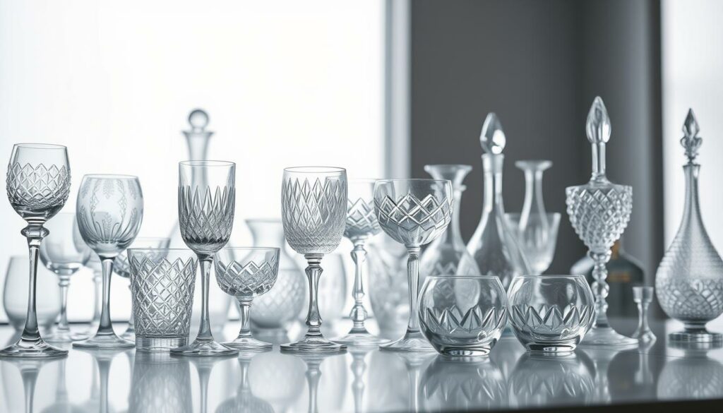 A visually striking still life featuring an assortment of beautifully crafted glass objects in a well-lit studio setting. The foreground showcases an array of intricate glass designs, from delicate wine glasses to ornate vases, each reflecting the light in mesmerizing ways. The middle ground features a clean, minimalist tabletop, allowing the glass pieces to take center stage. The background is softly blurred, creating a serene, gallery-like atmosphere that emphasizes the artistry and craftsmanship of the glassware. The overall mood is one of elegant simplicity, inviting the viewer to appreciate the captivating textures and forms of the glass creations.