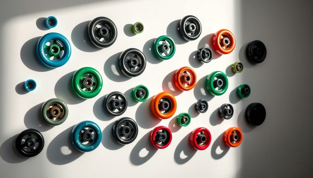 A visually striking wall decoration composed of an arrangement of multicolored skateboard wheels, carefully curated and mounted on a sleek white backdrop. The wheels, in varying hues of blue, green, red, and black, are strategically positioned to create a dynamic, kinetic display that celebrates the playful spirit of skateboarding. Dramatic side lighting casts dramatic shadows, enhancing the depth and tactile quality of the scene. The overall composition evokes a sense of movement and youthful energy, perfectly capturing the essence of the "Skateboard-Wheels Wanddekoration" concept.