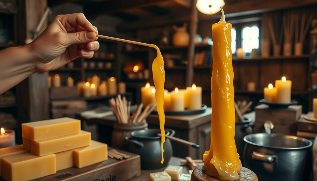 A warm and rustic scene of a traditional candle-making process. In the foreground, skilled hands guide a wick through molten wax, carefully pulling and shaping it to form a tall, tapered candle. The wax has a glistening, golden hue, lit by the soft, ambient lighting. In the middle ground, various tools and supplies are neatly arranged - wax blocks, wicks, and a small pot of melted wax. The background reveals a cozy, old-world workshop, with wooden beams, shelves, and the faint silhouettes of other candles in various stages of production. The overall mood is one of craftsmanship, tradition, and the soothing, flickering glow of candlelight.