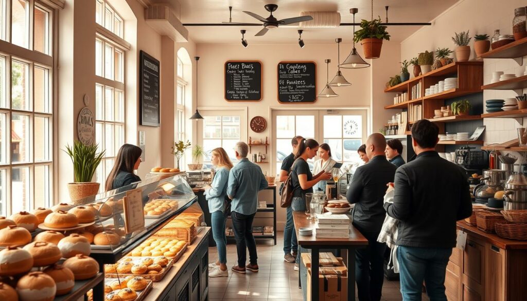 A warm, inviting bakery scene with freshly baked bread, pastries, and other treats displayed in the front window. The interior is well-lit, with natural light streaming in through large windows. Customers are browsing the selection, chatting with the friendly staff behind the counter. The room has a cozy, homey atmosphere, with wooden shelves, chalkboard menus, and potted plants adding to the ambiance. In the background, the aroma of freshly ground coffee and baking fills the air. The overall mood is one of comfort and community, capturing the essence of a beloved local bakery.