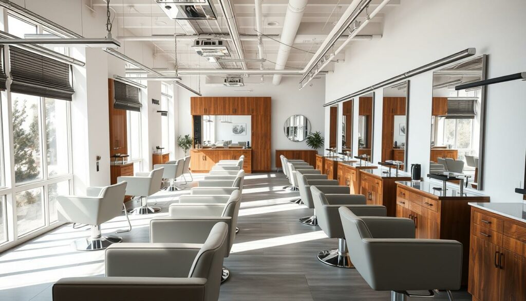 A well-appointed, modern hair salon, bathed in soft natural light filtering through large windows. The sleek, minimalist styling stations are arranged in a harmonious layout, with plush salon chairs and solid wood accents that exude sophistication. Gleaming chrome fixtures and mirrors reflect the space, creating an airy, inviting atmosphere. In the background, a minimalist color palette of whites, grays, and natural wood tones sets the tone for a relaxing, high-end grooming experience. The overall impression is one of clean, elegant design that puts the client's comfort and satisfaction at the forefront.