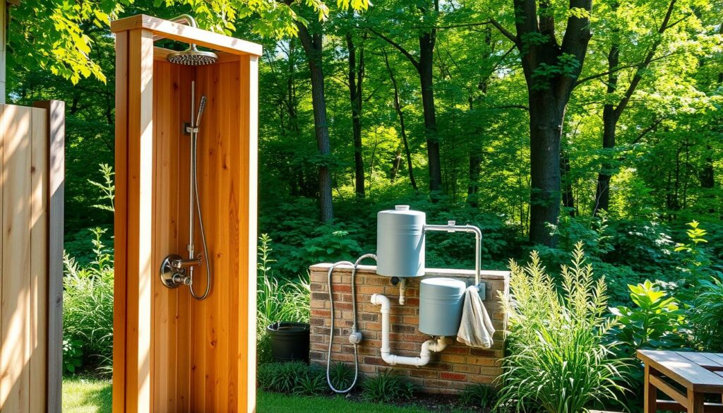 A well-designed, cost-effective DIY garden shower, showcased in a sun-dappled outdoor setting. The foreground features a simple, yet elegant wooden shower enclosure, with a detachable shower head and water control valves. The middle ground displays the plumbing setup, including a discreet water storage tank and piping, blending seamlessly into the lush, verdant garden landscape. In the background, a serene wooded area provides a natural, relaxing ambiance. The lighting is soft and diffused, creating a warm, inviting atmosphere perfect for an at-home spa experience. The overall composition emphasizes the simplicity, functionality, and cost-efficiency of this DIY garden shower project.