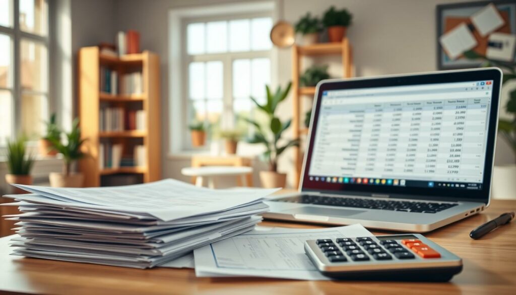 A well-lit and professionally-shot studio image showcasing the tax advantages of being a freelance coach. In the foreground, a stack of financial documents and a calculator, symbolizing the paperwork and calculations involved. In the middle ground, a laptop displaying a spreadsheet with formulas and data, representing the financial planning and bookkeeping aspects. In the background, a warm, cozy office setting with bookshelves, potted plants, and a large window letting in natural light, conveying a sense of professionalism and calm. The overall mood is one of organization, efficiency, and the financial benefits of freelancing, highlighting the key advantages for coaches starting their own practice.