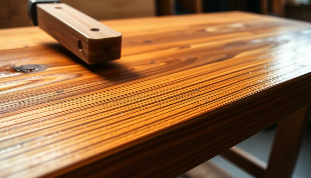 A well-lit, detailed close-up of various wood finishing techniques applied to a wooden furniture surface. The foreground showcases a range of sanding, staining, and polishing techniques, with the grain and texture of the wood clearly visible. The middle ground features hand-applied varnish or lacquer, creating a smooth, glossy finish. The background subtly hints at the furniture piece, such as a table or chair, allowing the focus to remain on the intricate surface treatment. Warm lighting from multiple angles accentuates the natural beauty and craftsmanship of the materials, conveying a sense of care and attention to detail.