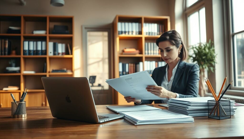 A well-lit, detailed interior scene showcasing a businesswoman meticulously preparing documents and materials for a GmbH-to-AG conversion. In the foreground, a wooden desk is neatly organized with a laptop, a stack of files, and a pen holder. In the middle ground, the woman sits at the desk, her face in concentration as she reviews paperwork. Behind her, shelves line the walls, filled with binders and legal books, hinting at the complex process. Warm, natural lighting filters through large windows, casting a professional, authoritative atmosphere. The overall composition conveys a sense of diligence, attention to detail, and the careful planning required for a successful GmbH transformation.
